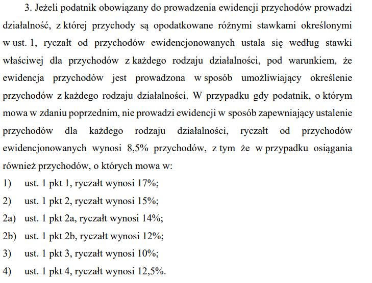 Fragment ustawy o zryczałtowanym podatku dochodowym: przy ewidencji przychodów z kilku rodzajów działalności ryczałt liczy się według stawki właściwej dla każdego z nich, a bez takiej ewidencji według stawki najwyższej